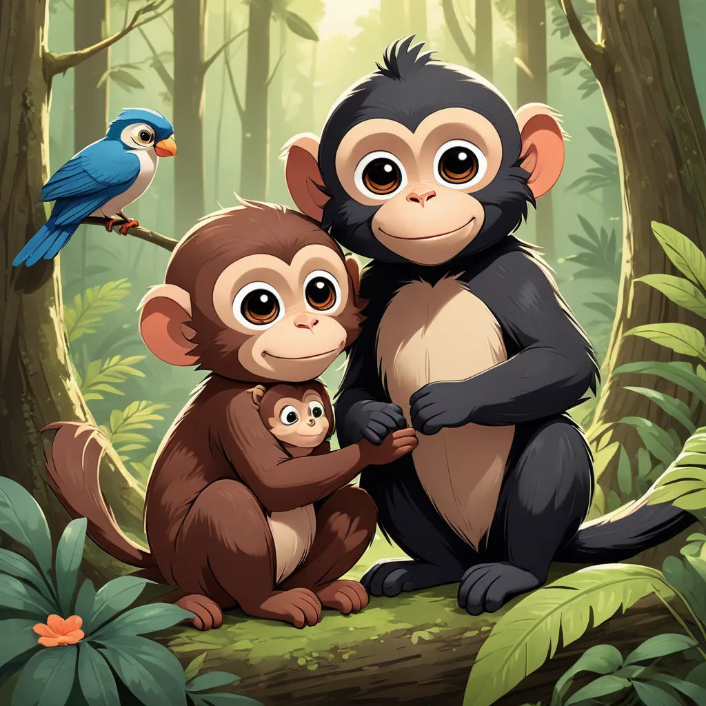 a monkey and a baby monkey in a forest with a bird on a branch in the background of the picture, primitivism, a storybook illustration, Diego Gisbert Llorens, behance hd