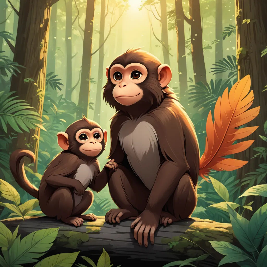 a monkey and a baby monkey sitting on a log in the forest with sunlight shining through the trees behind them, primitivism, a storybook illustration, Diego Gisbert Llorens, official art