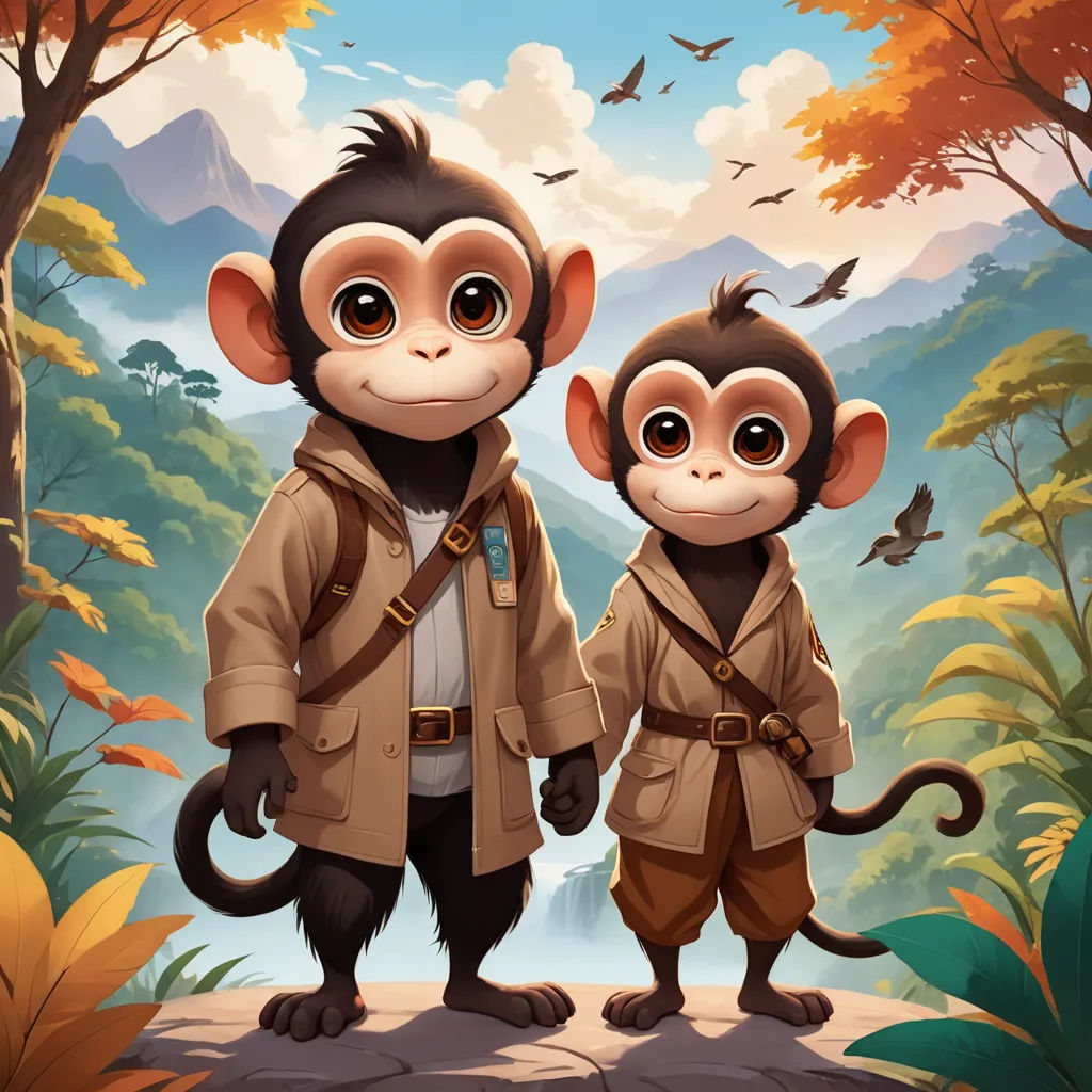 two monkeys standing next to each other in a forest with a waterfall in the background and birds flying overhead, furry art, concept art, Diego Gisbert Llorens, official art
