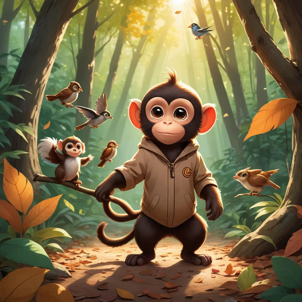 a monkey with a jacket on standing in a forest with birds and a monkey on a branch with leaves, private press, a character portrait, Chris LaBrooy, official art