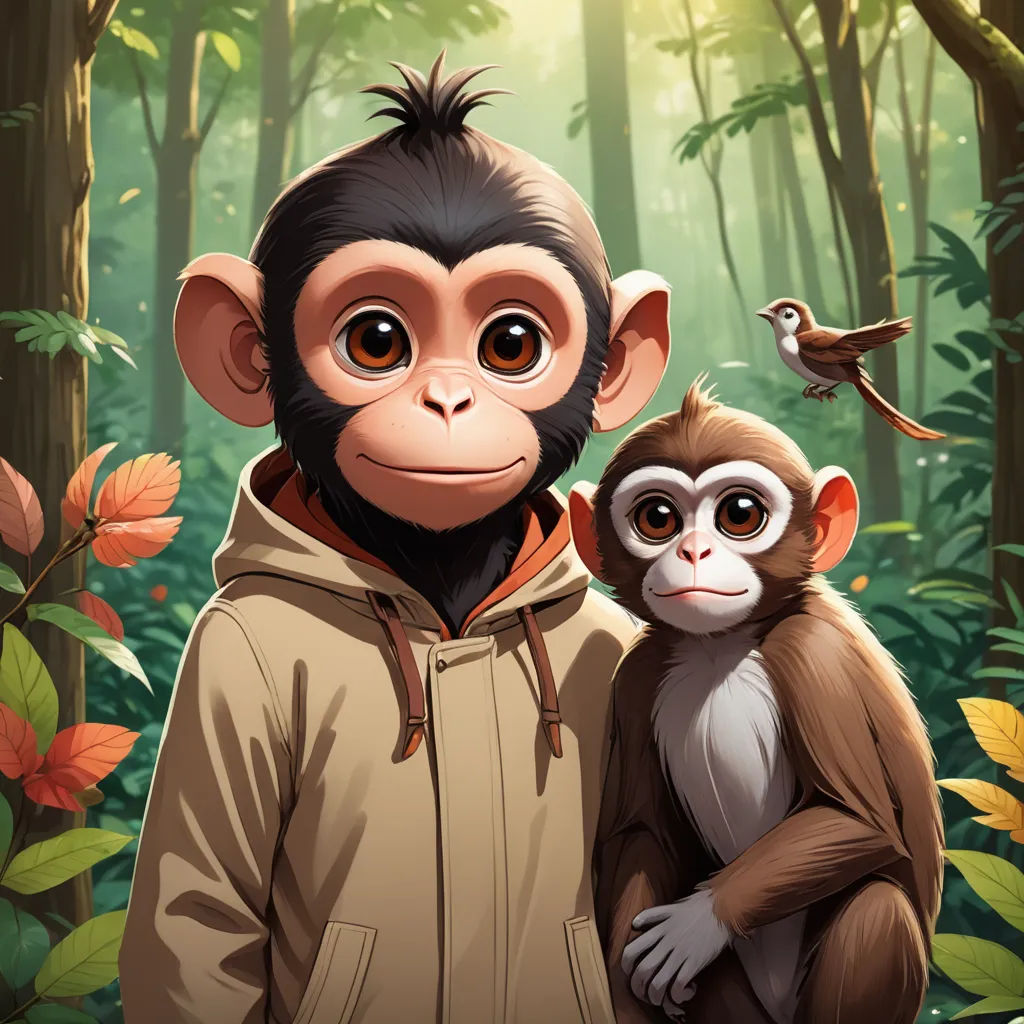 a monkey and a monkey in the jungle with a bird flying above them and a man holding a monkey, primitivism, a character portrait, Chris LaBrooy, cgstudio