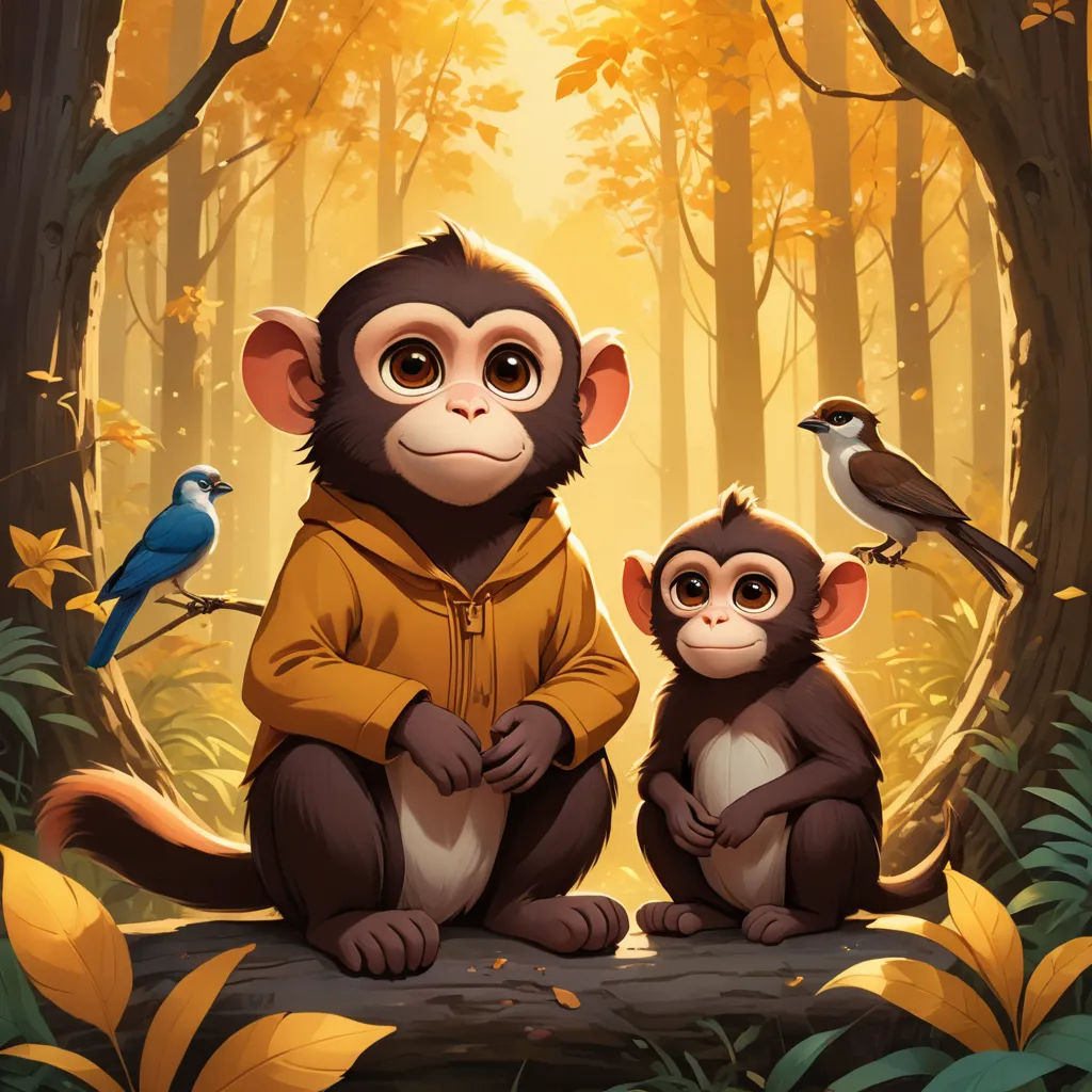 a monkey and a monkey sitting on a log in the woods with birds on the tree branches behind them, furry art, poster art, Chris LaBrooy, official art