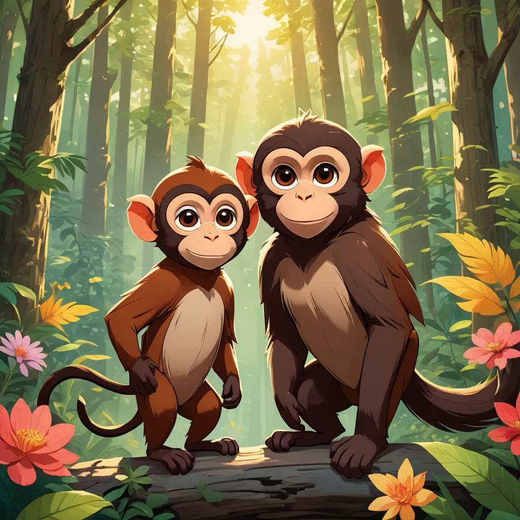 two monkeys sitting on a log in a forest with flowers and trees around them, with the sun shining through the trees, primitivism, poster art, Diego Gisbert Llorens, promotional image