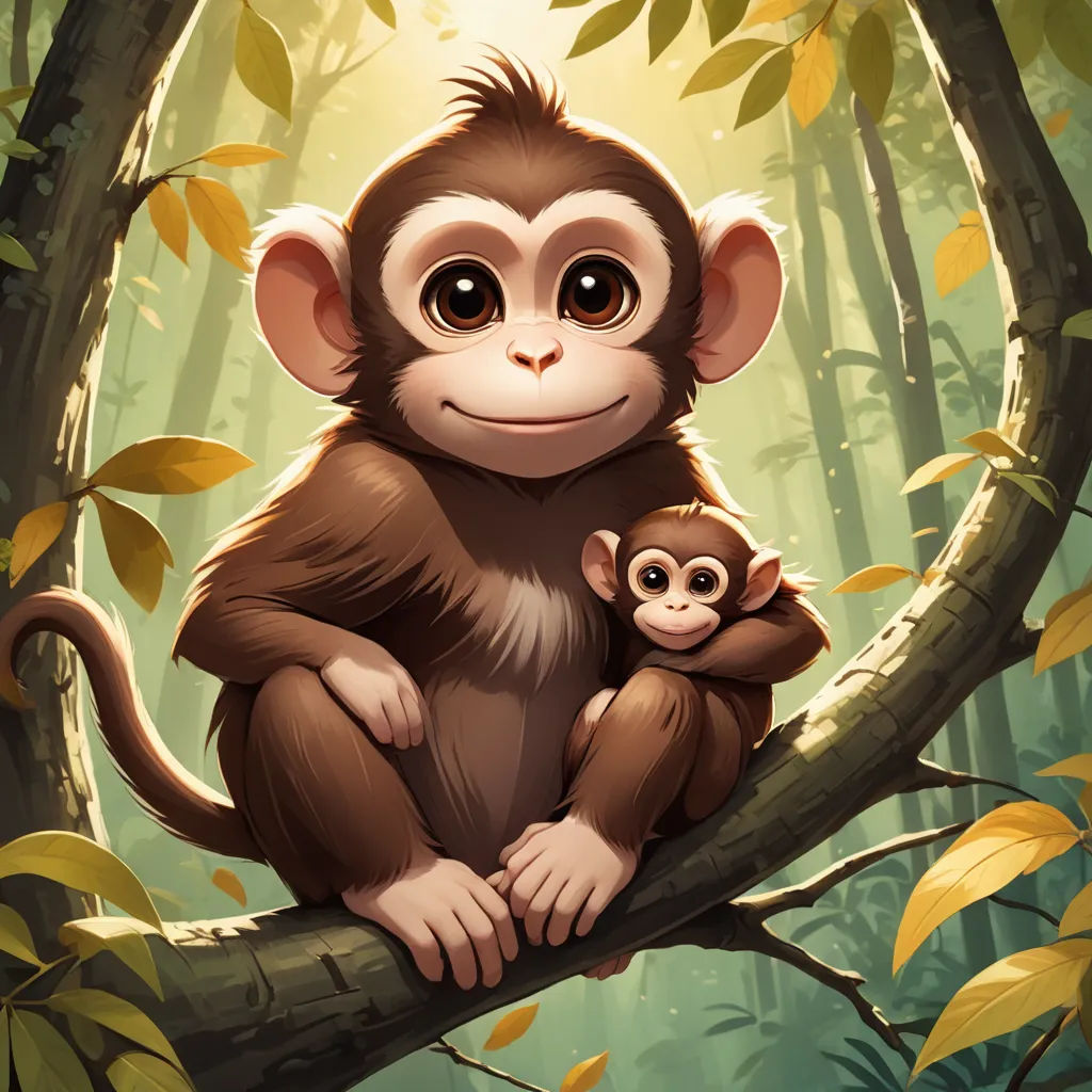 a monkey and a baby sitting on a tree branch in a forest with leaves and sunlight shining through the trees, furry art, a digital painting, Chris LaBrooy, cgstudio