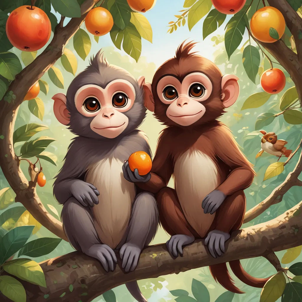 two monkeys sitting on a branch with an orange in their hand and an orange in their other hand, in front of a background of oranges, naturalism, a storybook illustration, Diego Gisbert Llorens, highly detailed digital painting