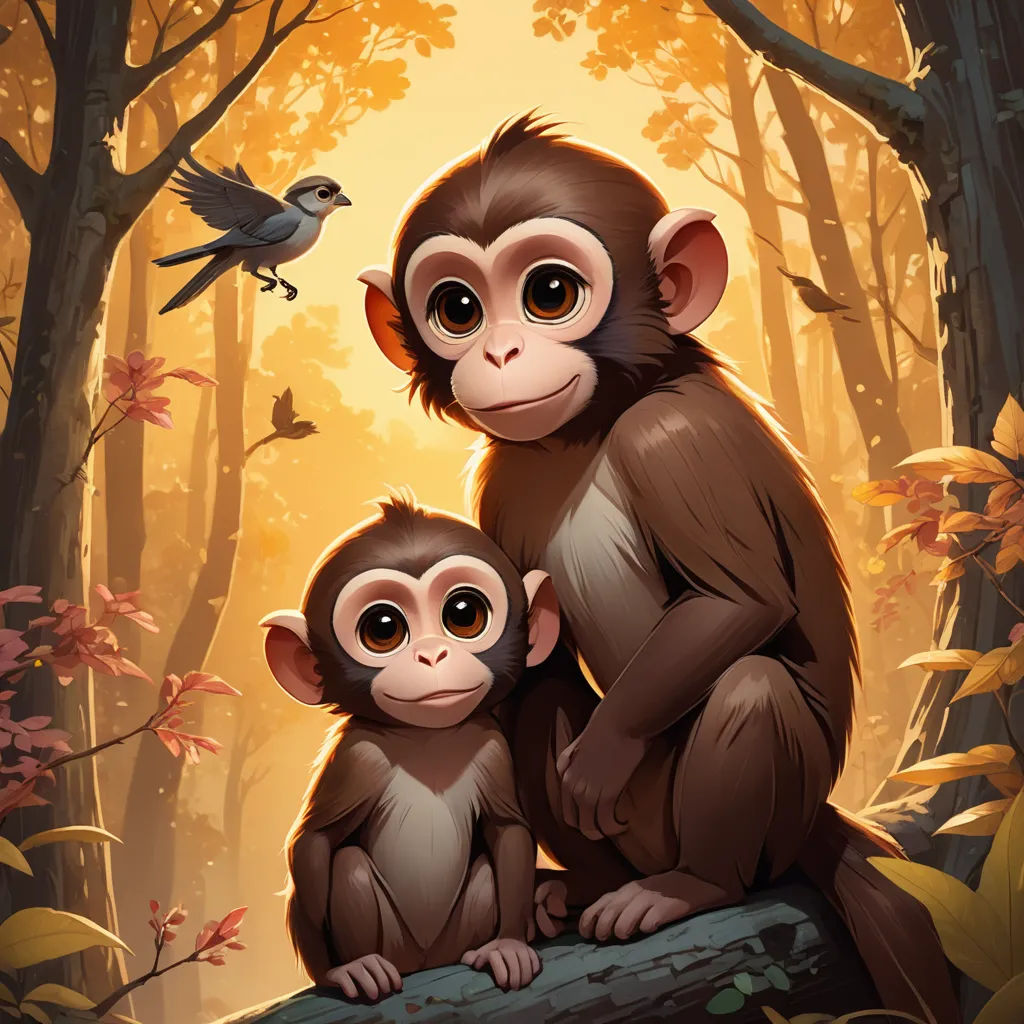 a couple of monkeys sitting on top of a tree branch in a forest next to a bird flying over them, primitivism, a digital painting, Brothers Hildebrandt, highly detailed digital painting