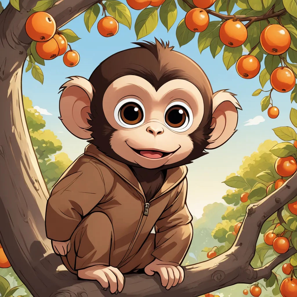 a monkey sitting on a tree branch with oranges in the background and a sky background with clouds and trees, furry art, a character portrait, Diego Gisbert Llorens, highly detailed digital painting