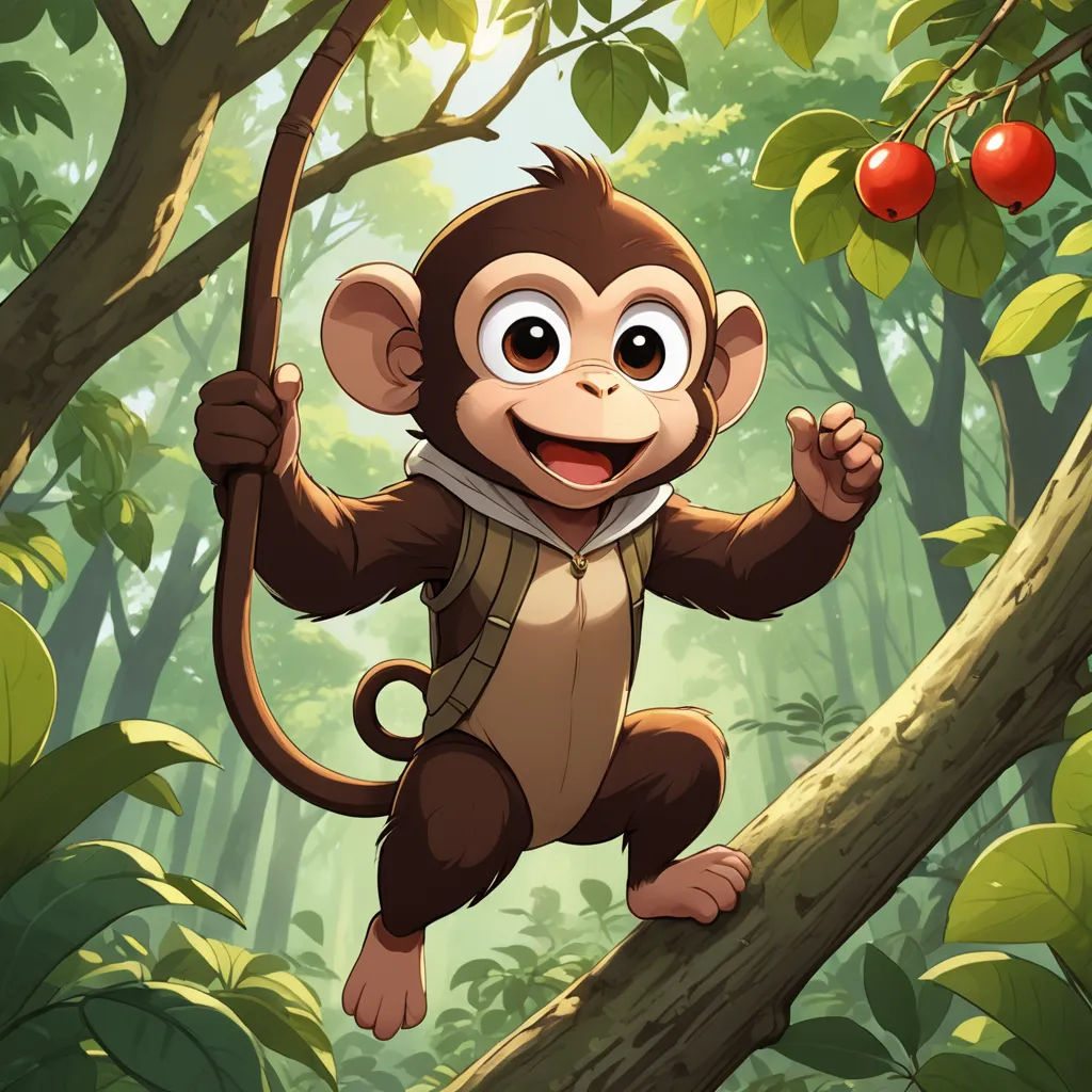 a monkey hanging on a tree branch in a forest with apples in the background and a cartoon character in the foreground, sots art, a character portrait, Diego Gisbert Llorens, official art