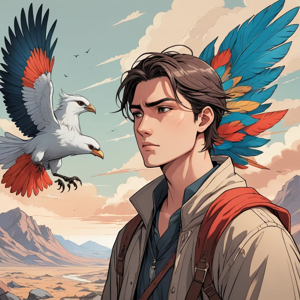 a man with a bird on his head and a bird on his shoulder, in front of a mountain, fantasy art, a character portrait, Cliff Childs, comic cover art