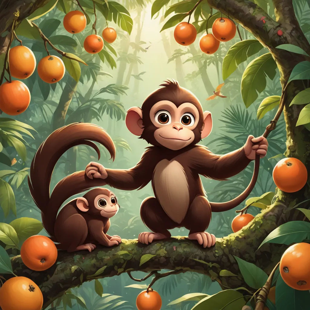 a monkey and a baby monkey sitting on a branch in a forest with oranges on the tree and a sun shining through the leaves, primitivism, a storybook illustration, Chris LaBrooy, cgstudio
