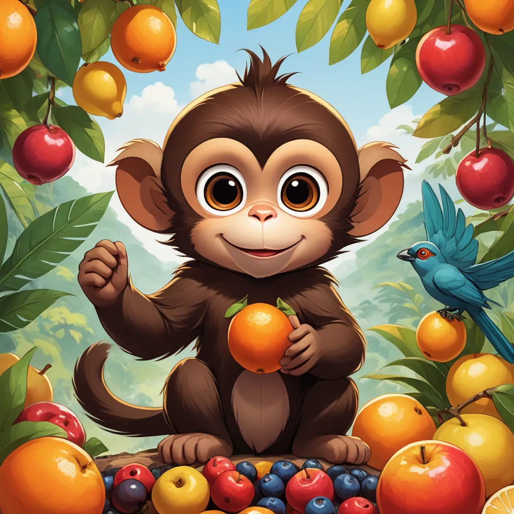 a monkey holding an apple in front of a bunch of fruit on a tree branch with a bird nearby, pop surrealism, a storybook illustration, Chris LaBrooy, highly detailed digital painting