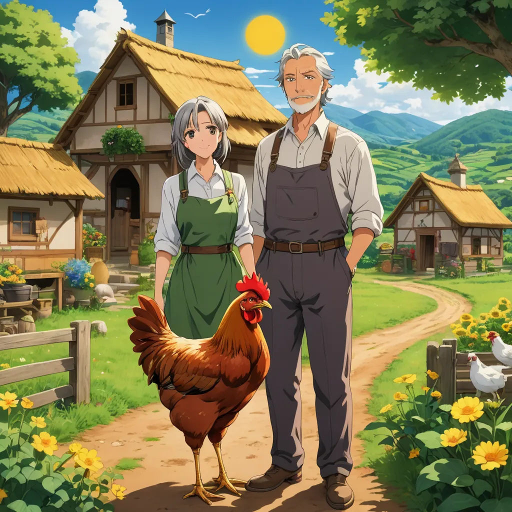 a man and a woman standing in front of a chicken on a farm road with a rooster nearby and a house with a thatched roof, remodernism, poster art, Anne Said, official art