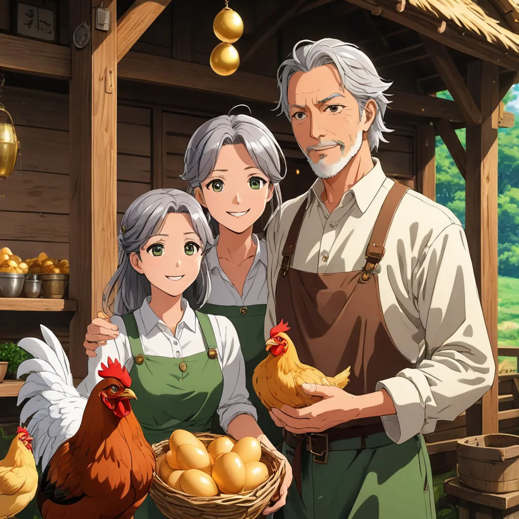 a man and two women holding chickens in front of a hut with chickens in it and a chicken in a basket, remodernism, a stock photo, Anne Said, official art