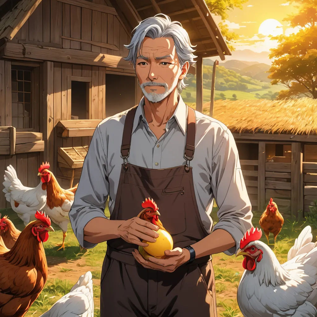 a man holding a piece of fruit in front of chickens in a farm yard with a barn in the background, remodernism, a stock photo, Anne Said, official art