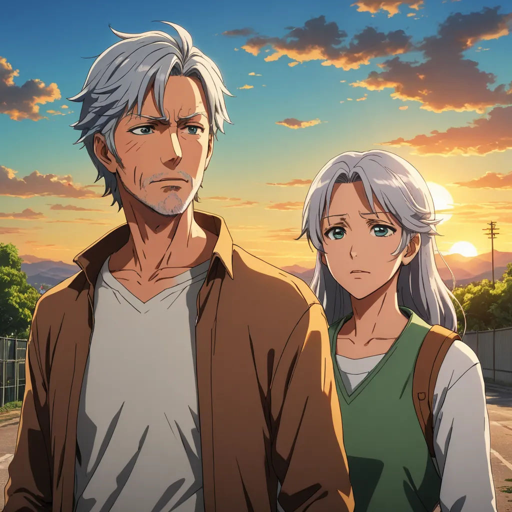 a man and a woman standing next to each other in front of a sunset sky with clouds and trees, serial art, a character portrait, Eizan Kikukawa, official art