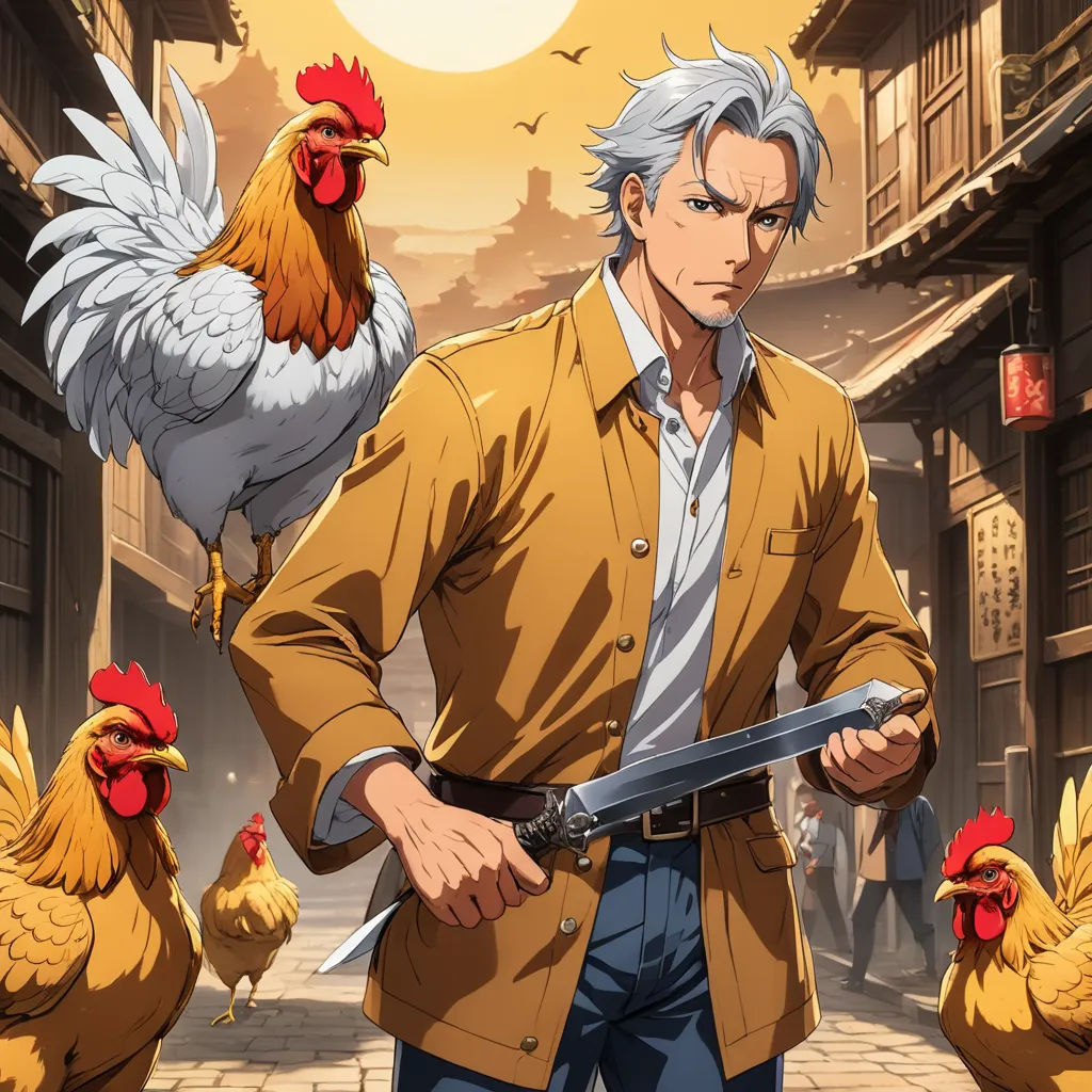 a man holding a knife in front of chickens in a courtyard of a building with a full moon in the background, remodernism, an album cover, Baiōken Eishun, official art