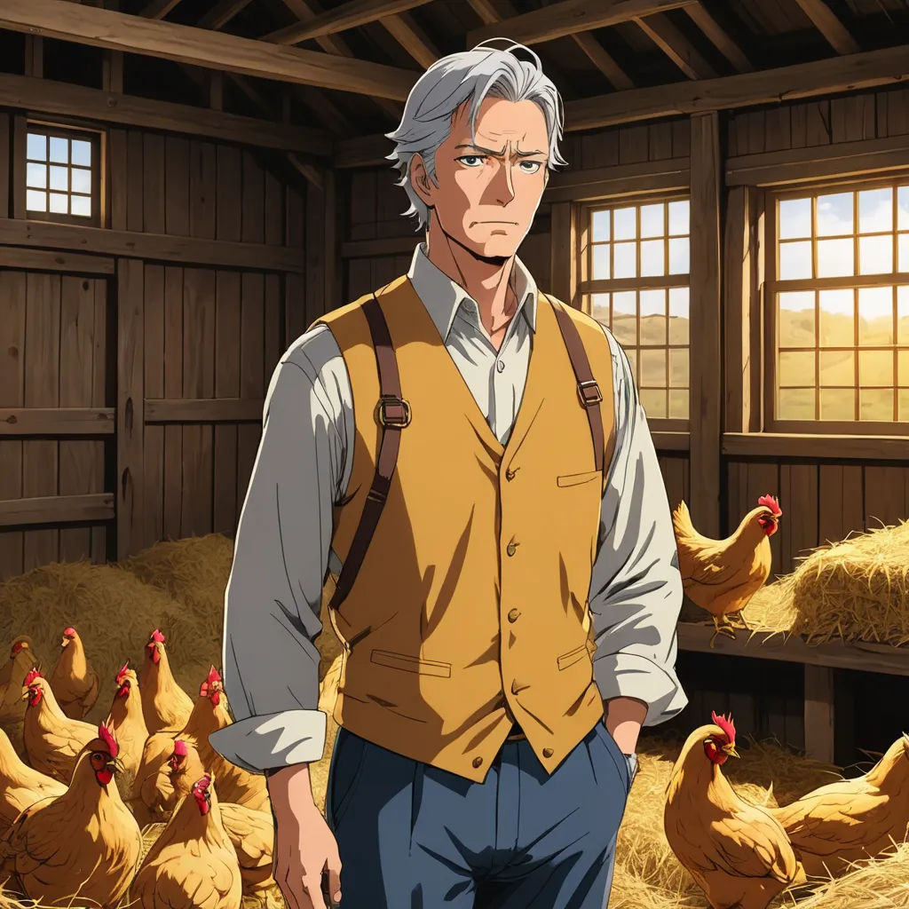 a man standing in a barn with chickens in the background and a man in a vest standing in front of a bunch of chickens, remodernism, a character portrait, Armin Hansen, official art