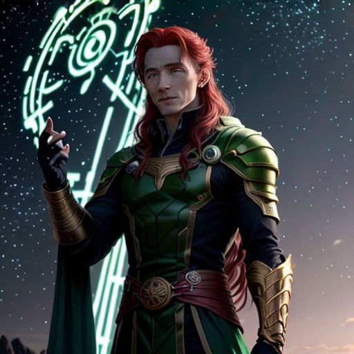 a woman in a green and black outfit holding a green light up sword in her hand and a star in the background