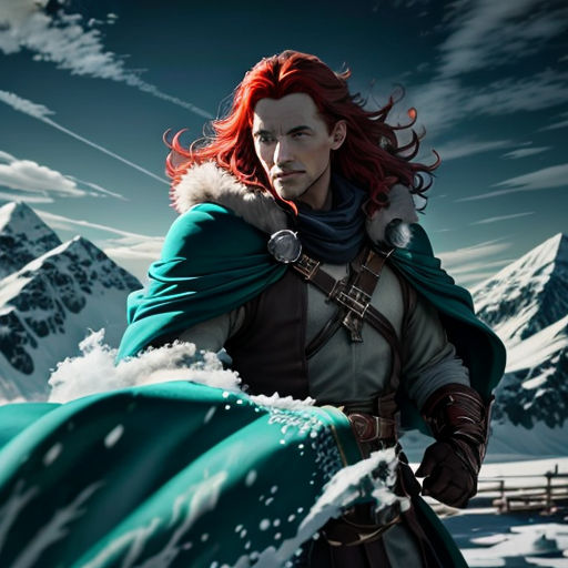 a man in a green cape standing in the snow with a mountain in the background and a sky with clouds
