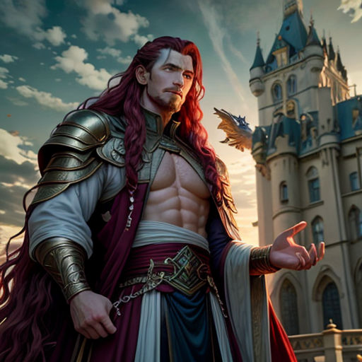 a man in a costume standing in front of a castle with a bird flying above him and a bird flying above him