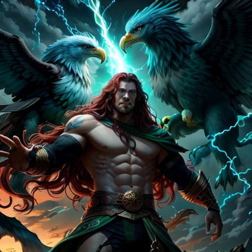 a man with two birds on his shoulder and a sword in his hand, with two birds on his shoulder