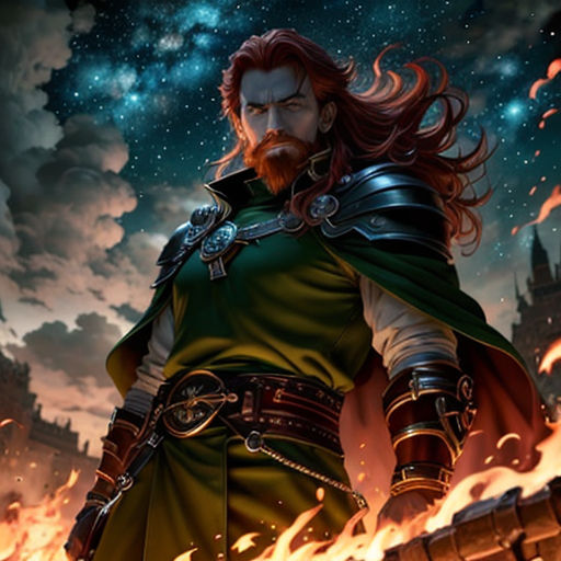 a man with a beard and a beard in a green outfit standing in front of a fire pit with a sky background