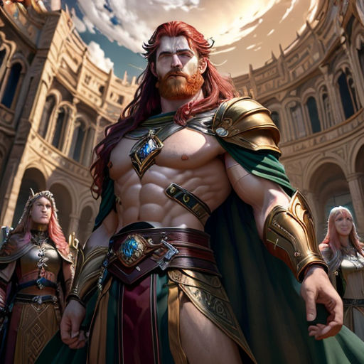 a man with a beard and a beard standing in front of a castle with other men in armor and armor