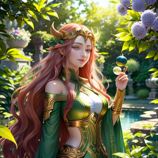 a woman in a green dress holding a ball in her hand and a green cape on her head and a green cape on her shoulder