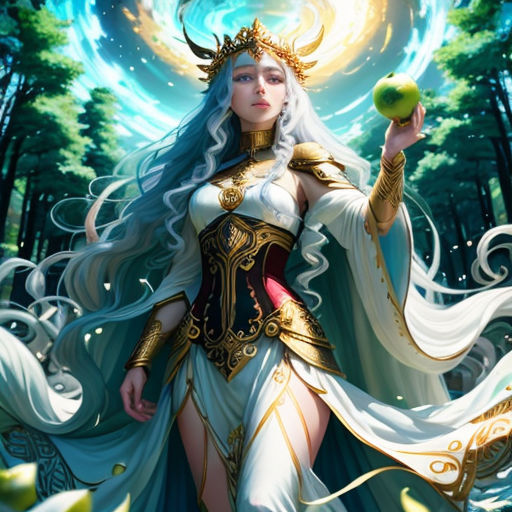 a woman in a white dress holding an apple in a forest with trees and a moon in the background