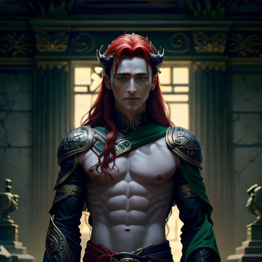 a man with red hair and a horned head wearing armor and holding a sword in his hand, standing in a room with statues