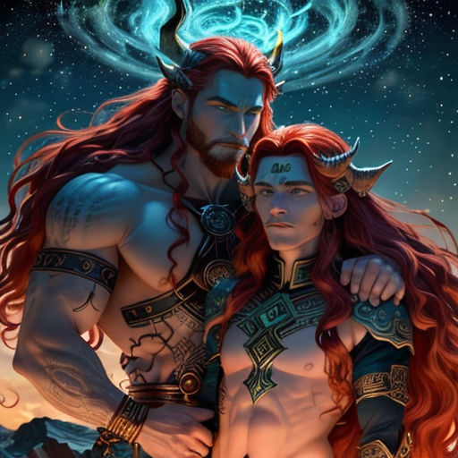 a man and woman with horns and horns on their heads, standing in front of a night sky with stars