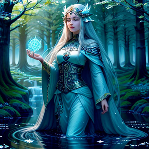 a woman in a blue dress standing in a forest holding a crystal ball in her hand and a stream of water