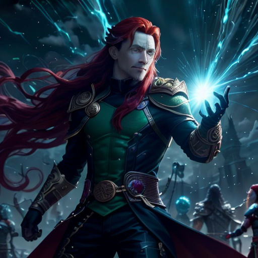 a man in a red hair and green shirt holding a sword in his hand and a red hair and a green cape