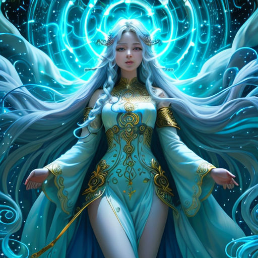 a woman in a blue dress with a white hair and a blue cape on her head and a blue and gold dress with a white swirl around her body