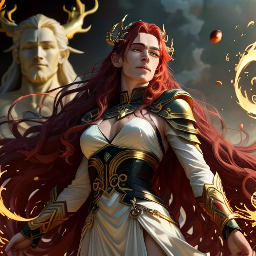 a woman with red hair and a white dress standing next to a statue of a man with horns and a beard