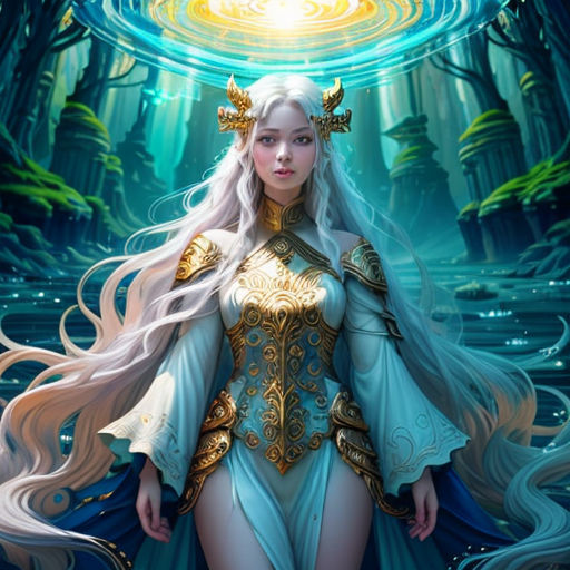 a woman in a blue dress standing in a forest with a halo above her head and a halo above her head