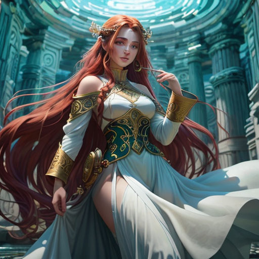 a woman in a white dress with long red hair and a crown on her head, standing in a blue room