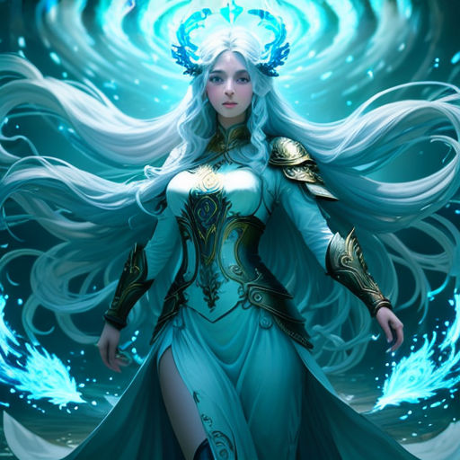 a woman in a blue dress with a white hair and a blue halo around her head and a blue dress with a white feather