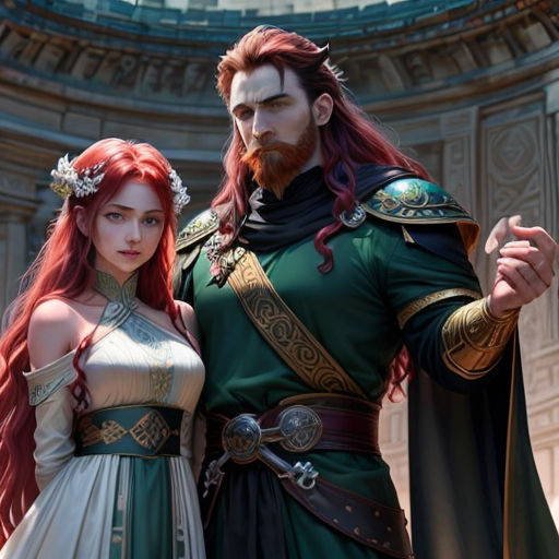a man and woman dressed in medieval clothing standing next to each other in front of a building with a dome