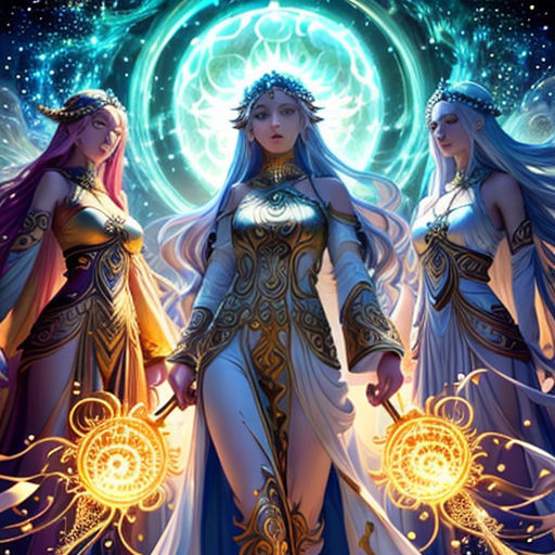 three women in white and gold outfits standing in front of a blue and green background with a light orb