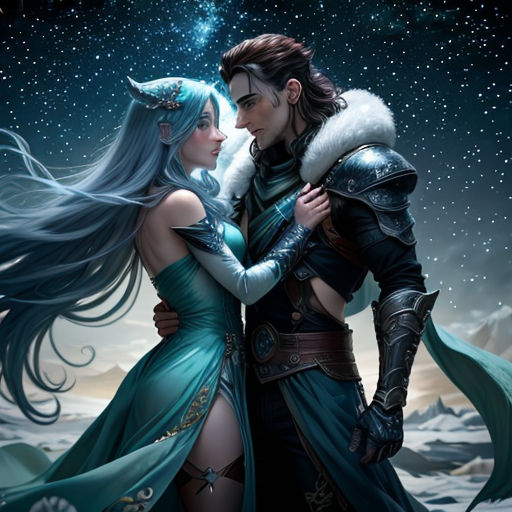 a couple of people that are standing in the snow together, with a sky background and stars in the sky