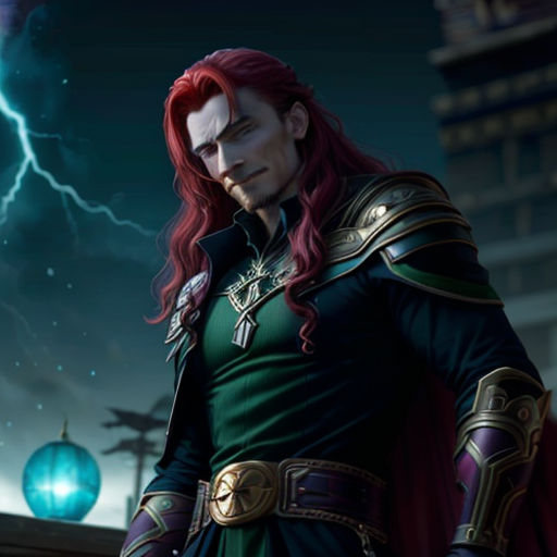 a man in a green and red outfit standing in front of a lightning storm with lightning behind him and a building