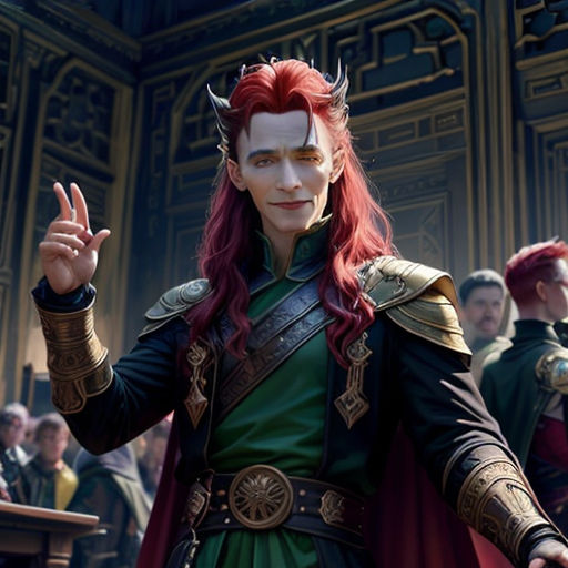a woman dressed in a green dress and red hair with horns and horns on her head, standing in front of a crowd