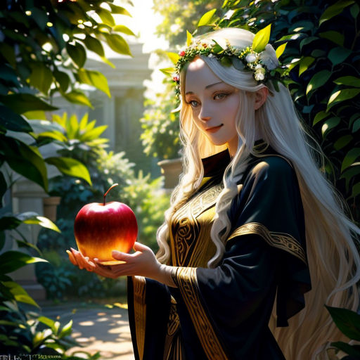 a woman holding an apple in her hand in a garden with trees and bushes behind her, wearing a crown