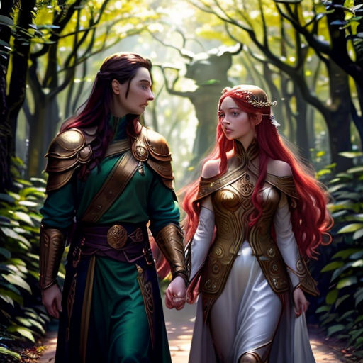 a couple of people that are walking in the woods together with a sword in hand and a woman with red hair