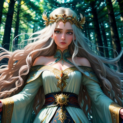 a woman in a green dress standing in the woods with her arms outstretched and a crown on her head