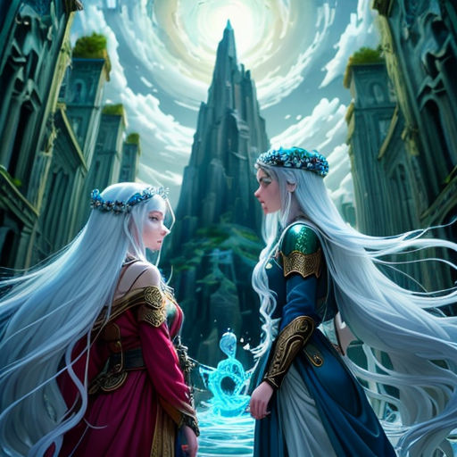 two women in medieval dress standing in front of a castle with a fountain in the middle of it and a sky background