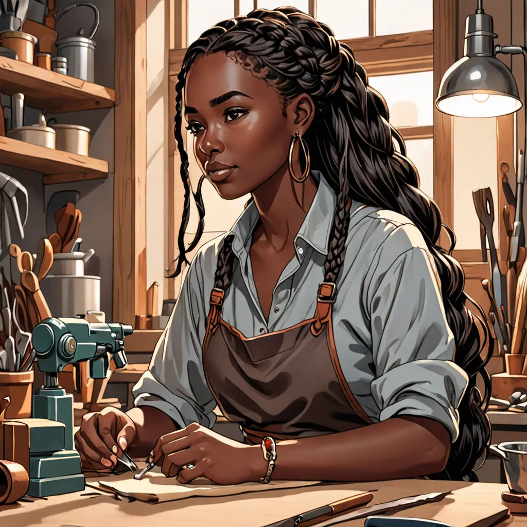 a woman sitting at a table with a knife and a paper in her hand and a pair of scissors in her other hand, fantasy art, a character portrait, Constance Gordon-Cumming, comic cover art