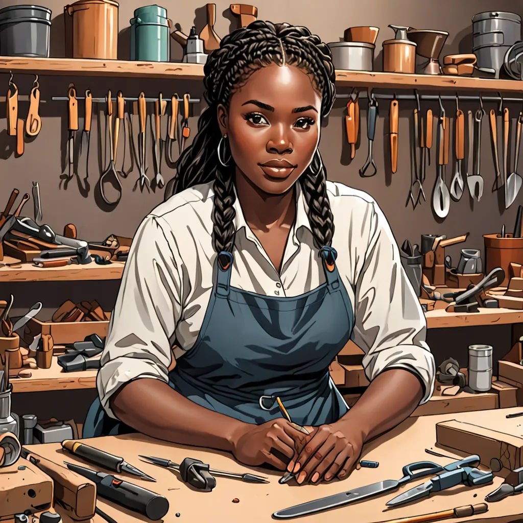 a woman in a shop with a lot of tools on the counter and shelves behind her, and a lot of tools on the wall, harlem renaissance, a character portrait, Ernie Barnes, highly detailed digital painting