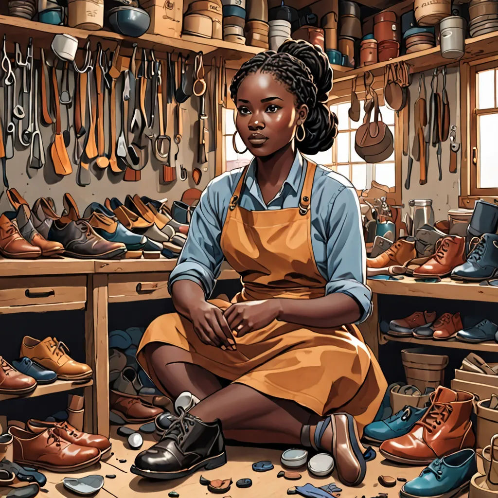 a woman sitting in a shoe shop surrounded by shoes and shoes on shelves and shelves of shoes and shoes, photorealism, a character portrait, F Scott Hess, highly detailed digital painting